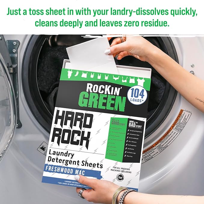 Rockin' Green Hard Rock Travel Laundry Detergent Sheets for Hard Water - Mess-Free Laundry Sheet Detergent with Sodium Bicarbonate - Easily Dissolvable Laundry Soap Sheets (104 Loads, Freshwood Mac)