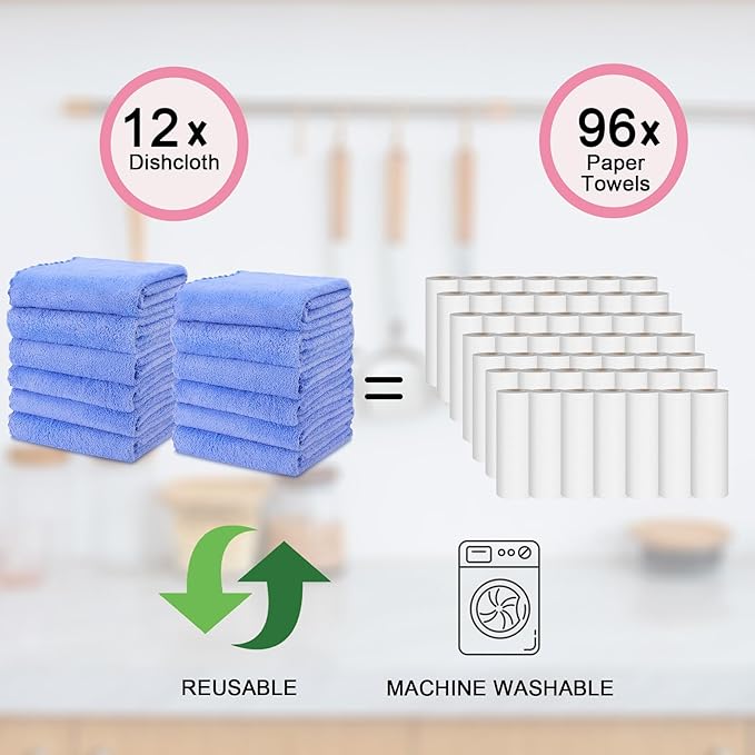 kimteny Kitchen Cloth Dish Towels, 13x28 Inches Premium Dishcloths, Super Absorbent Coral Velvet Microfiber Cleaning Cloths, Fast Drying Rags for Washing Dishes (13x28-12 Pack, Blue)