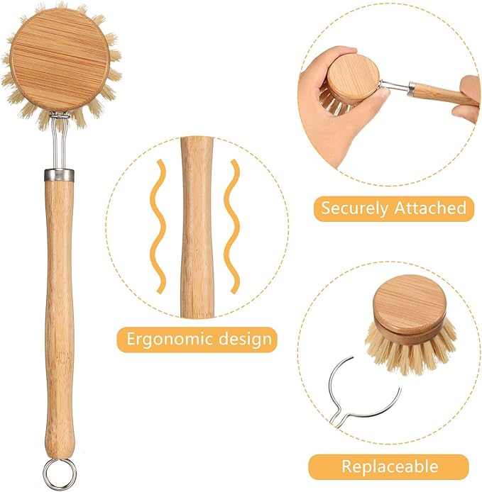 Patelai 8 Pieces Wooden Kitchen Dish Brush Include Bamboo Scrub Cleaning Brush and Replacement Heads Dish Scrubber for Kitchen Room Cleaning Supplies