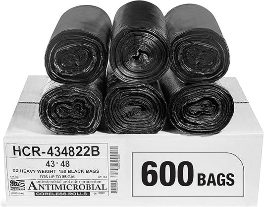 Aluf Plastics High Density Trash Bags, 56 Gallon, 600 Count, 22 Micron (eq), 43" x 48", Black, for Bathroom, Office, Industrial, Commercial, Janitorial, Municipal, Recycling