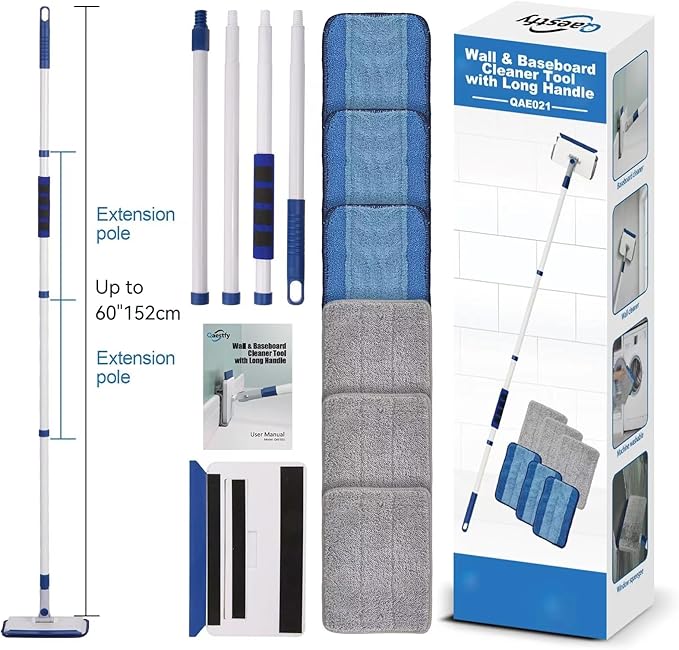 Qaestfy Baseboard Cleaner Tool with Handle, Wall Floor Mop with Extendable Long Handle Duster for Cleaning Window, Floor, Skirting Board, Ceiling, Shower, Tub Tile, Kitchen with 6 Reusable Pads
