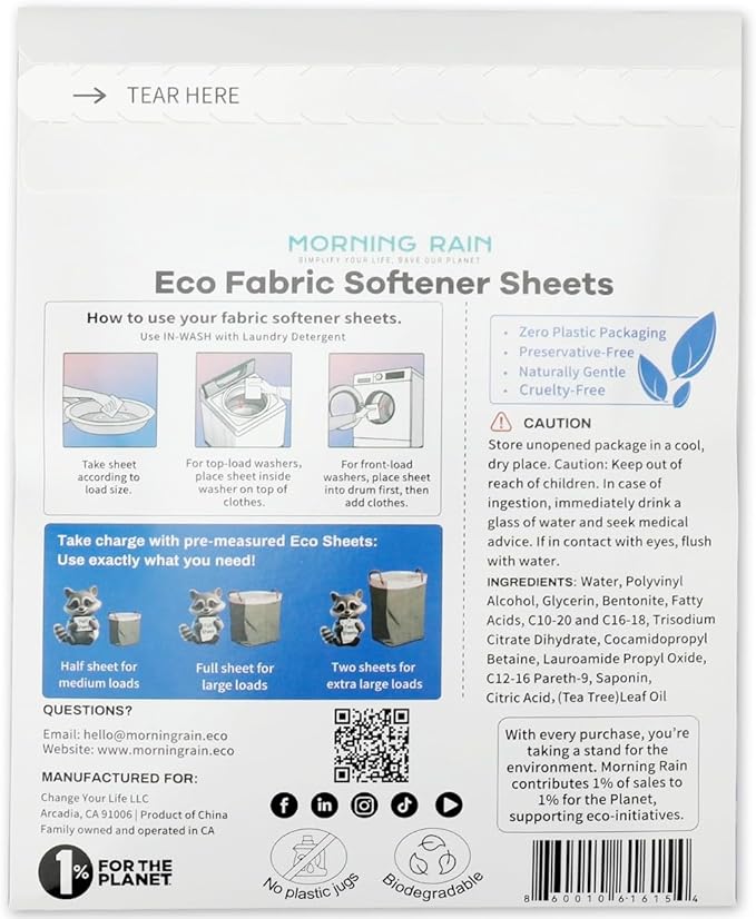 MorningRain Eco Fabric Softener Sheets for Washing Machine - Fragrance-Free, Preservative-Free, Ultra-Concentrated - 5 Sheets for Up to 10 Loads, Anti-Static, Reduces Wrinkles, Softens Clothes
