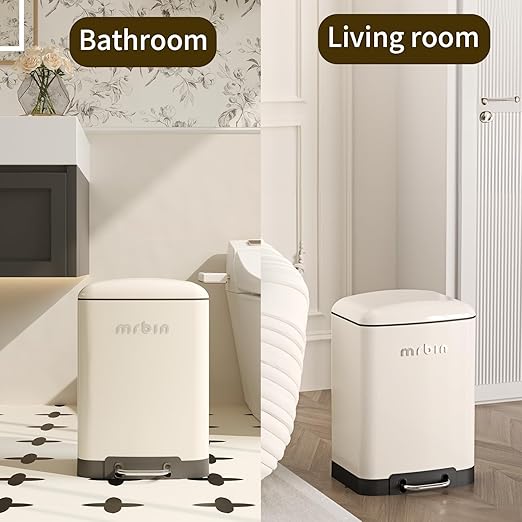 MRBIN Bathroom Trash Can with Lid, Metal Step Small Kitchen Waste Basket Touchless Soft Close, 12L / 3.2gal Rectangle Garbage Bucket with Stainless Steel Pedal for Office, Bedroom Accessories, White