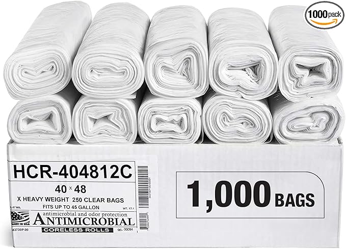 Aluf Plastics High Density Trash Bags, 45 Gallon, 1000 Count, 12 Micron (eq), 40" x 48", Clear, for Bathroom, Office, Industrial, Commercial, Janitorial, Municipal, Recycling