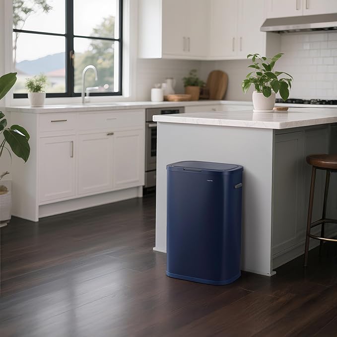 happimess HPM1017J Tammi Kitchen 14.5-Gallon Slim Metal Push Button Trash Can for Home, Kitchen, Laundry Room, Office, Bedroom, Bathroom, Denim Blue