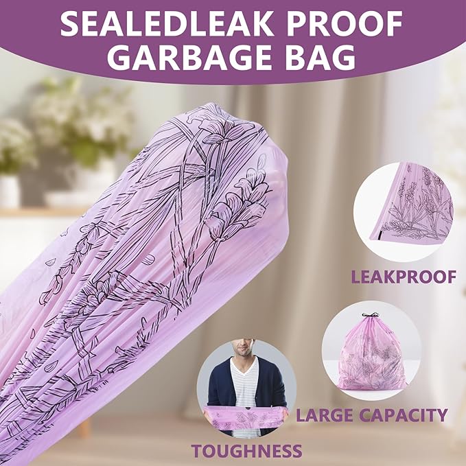 VOK 13 Gallon Trash Bags with Lavender Print & Drawstring, Tear-Resistant Tall Kitchen Garbage Bags, Heavy-Duty Kitchen Trash Bags for Home, 50 Counts