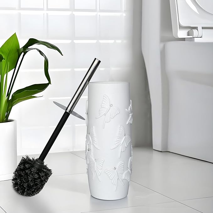 White Butterfly with Rhinestone Design Resin Toilet Holder and Brush Set, Elegant Bathroom Cleaning Tool with Durable Bristles, Compact and Stylish