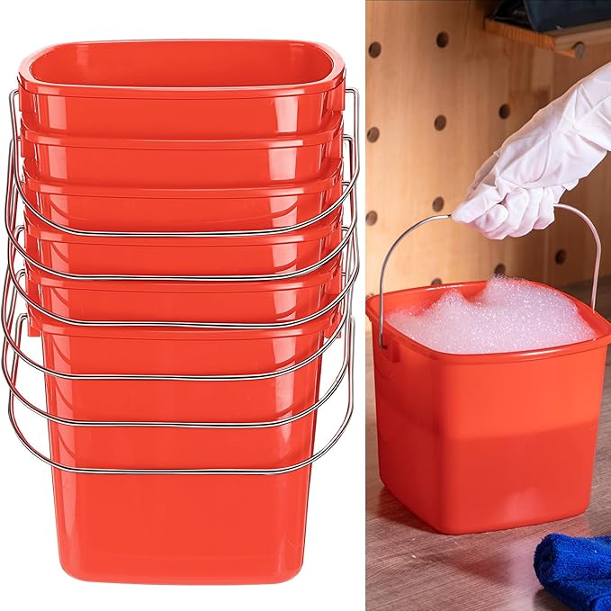 Zhehao 6 Pcs 3 Quart Cleaning Bucket Small Detergent Square Bucket Sanitizing Plastic Pail with Handles Square Cleaning Pail for Home, Offices, School, Commercial Use, Food Service(Red)