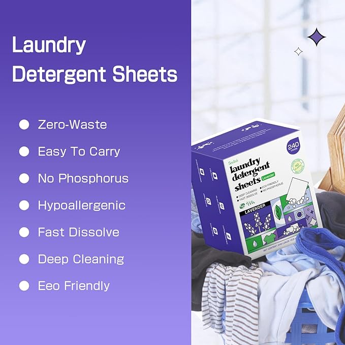 Soulink Lavender Laundry Detergent Sheets, 240 Loads - Eco-Friendly, Plant-Based, Hypoallergenic, No Plastic Jug