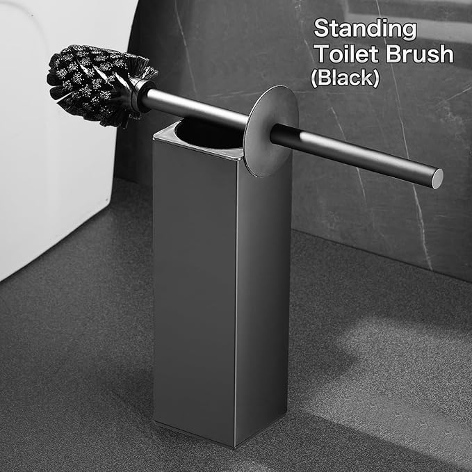 Standing Toilet Brush and Holder Set with Square Base - Toilet Bowl Cleaner and Drip Tray, Black