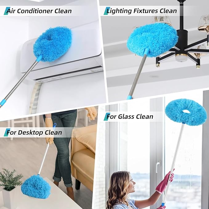 DRQ Ceiling Fan Cleaner Duster, Reusable Microfiber Duster with Extension Pole, 13 to 48 Inch Fan Blade Cleaner, Removable Dusters for Cleaning Walls Bookshelves Door Window Top (Blue)