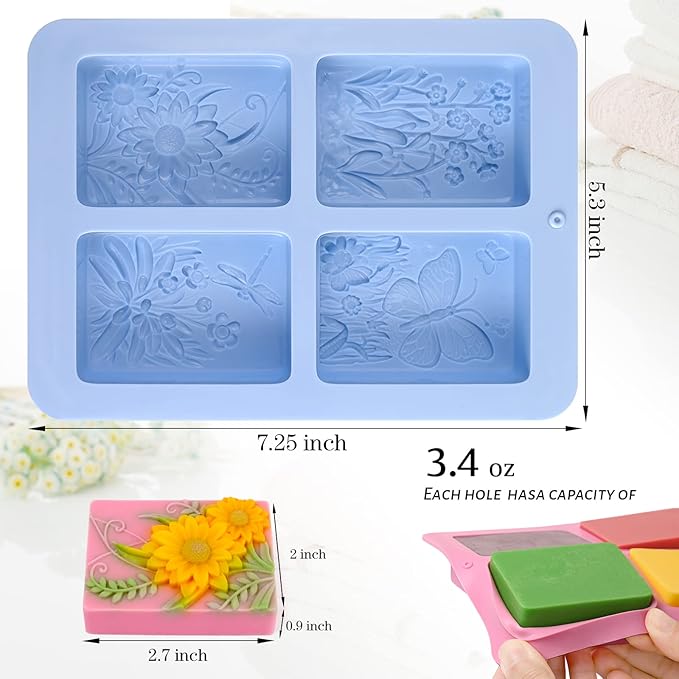 Moukiween Soap Molds Silicone, 3D Rectangular Insect Flower Silicone Molds for Handmade Craft Soap, Bath Bombs, Chocolate Bars, DIY Candle, Polymer Clay Design