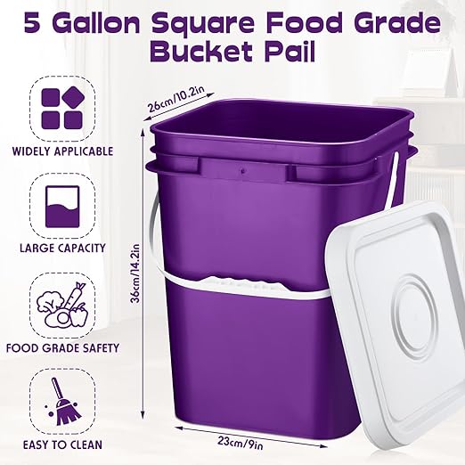 Vesici 6 Pcs 5 Gallon Food Grade Square Buckets with Lids 5 Gal Plastic Food Storage Square Bucket Heavy Duty Industrial Pail Container with DIY Label Stickers Handles for Water Painting(Purple)