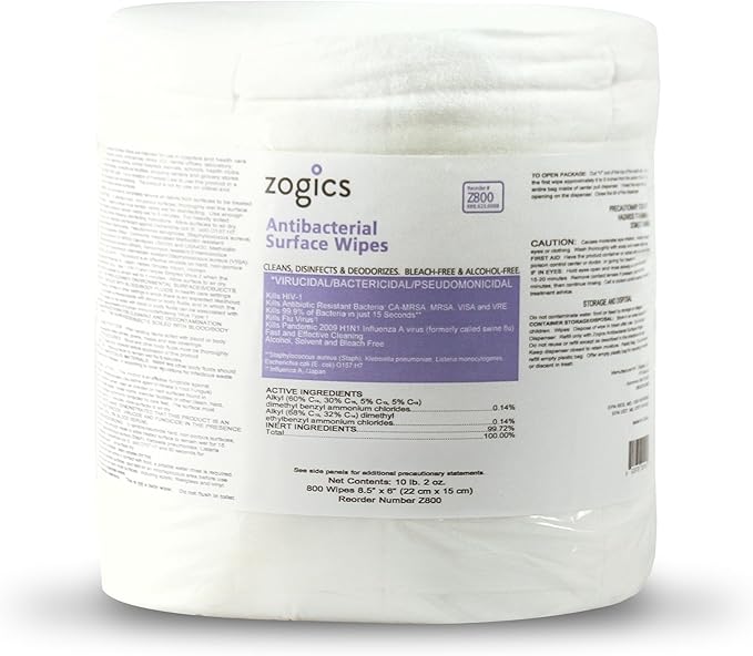 Zogics Antibacterial Wipes, EPA Registered Surface and Gym Equipment Disinfecting Wipes (800 Wipes) + Reusable Wipe Bucket Dispenser