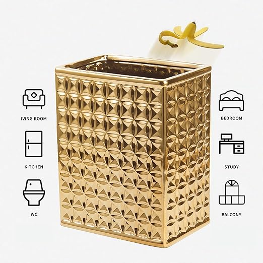 Trash Can for Bathroom, Small Office Garbage Can for Kitchen, Slim Rectangular Waste Bin, Ceramic, Gold