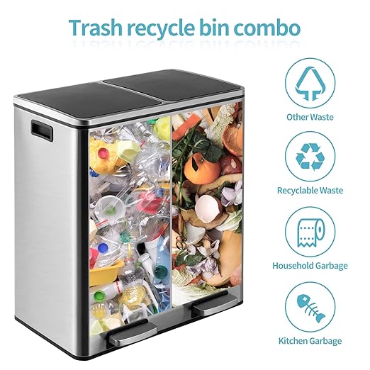 16 Gallon Rectangular Stainless Steel Trash Can, Dual Compartment Garbage Bin with Recycling Combo, Metal Dustbin Lid, Removable Liner, Indoor Hands Free Waste Bucket for Kitchen Home