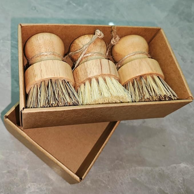3 Pack Wood Dish Brush Set, Wood Scrub Brush for Dishes with Natural Sisal Bristles for Cleaning Pots, Pans and Vegetables