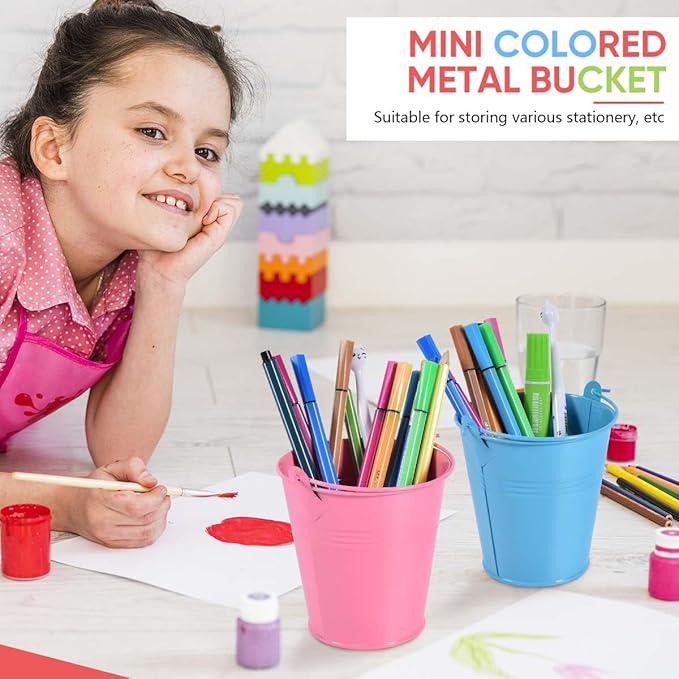 OBTANIM 7 Pack Colorful Metal Buckets with Handle Galvanized Ice Pails for Plants, Succulents, Party Favors Organizing, Rustic Home Decor or Classrooms Pencil Storage (4 x 2.8 inch)