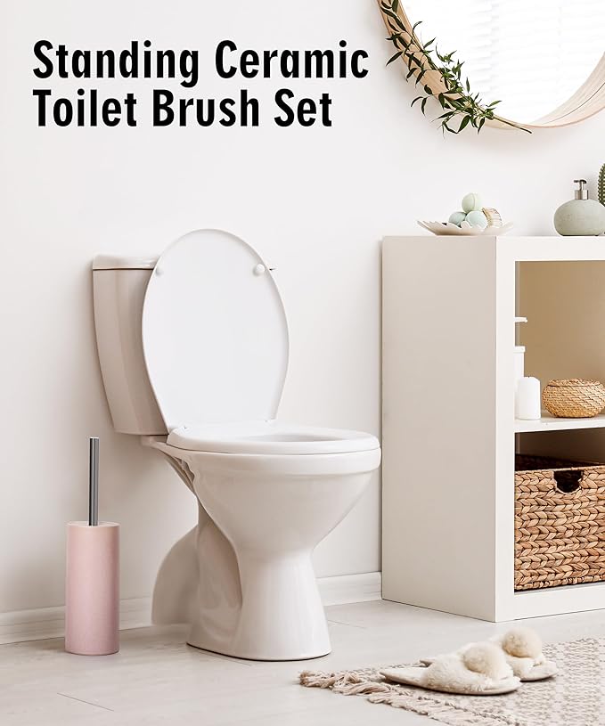 Matt White Ceramic Toilet Brush and Holder Set, Durable Bristles Non Scratch Toilet, Long Stainless Steel Handle, Freestanding Toilet Bowl Cleaners Brush, Scrubber Brush for Toilet