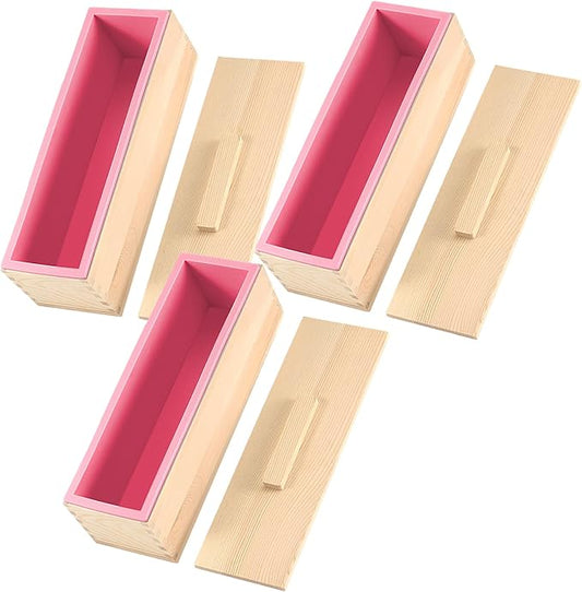 ZOENHOU 3PCS 42 oz Pink Soap Molds, Flexible Rectangular Silicone Soap Making Molds Kit with Wood Box DIY Tool Set for Soap Making Supplies