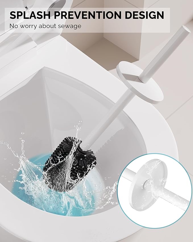 Toilet Brush and Holder Set, Stainless Steel Toilet Bowl Brush with Lid, Rust Proof Toilet Cleaner Brush with Caddy, Durable Bristles, Splash Proof, Ideal for Bathroom（1 Pack, White）