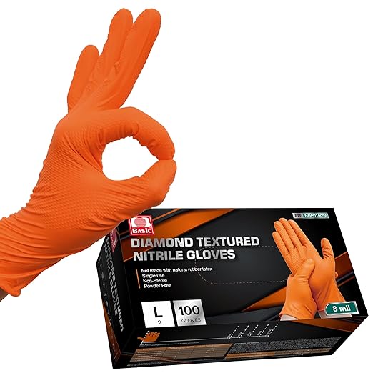 Jointown Basic Heavy Duty Nitrile Gloves, Mechanic Gloves 8 Mil Nitrile Disposable, with Raised Diamond Texture, Case of 100, Orange, Medium