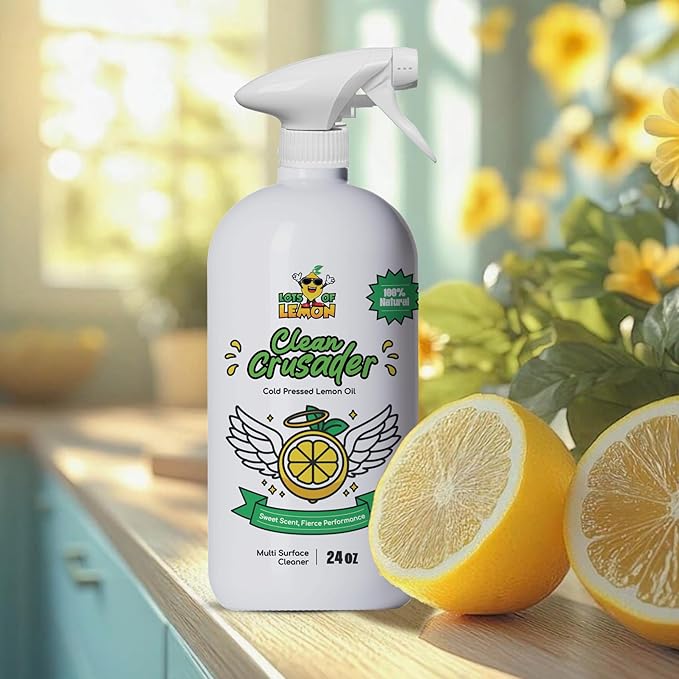 Clean Crusader 24 oz Natural Cold Pressed Lemon Oil Multipurpose Cleaner Spray for Kitchen, Bathroom, Hardwood Floors at home and office | 3 simple ingredients | Made in USA