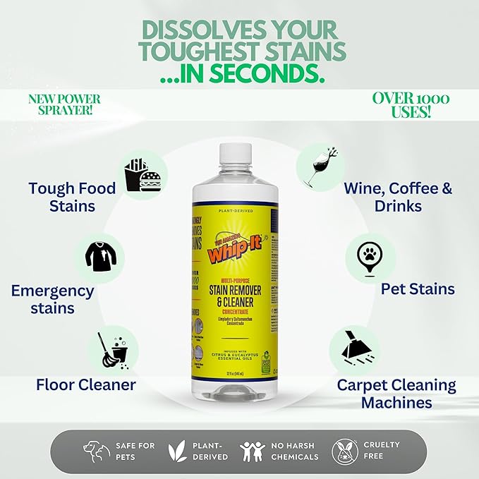 Whip It Cleaner, Multi Purpose Stain Remover CONCENTRATE, Makes 32 Bottles, Plant Based Enzyme Cleaner, Cleaning Food, Grease, Coffee, Wine, Baby Stains, pet stains, Over 500 uses, Made in USA, 32 OZ