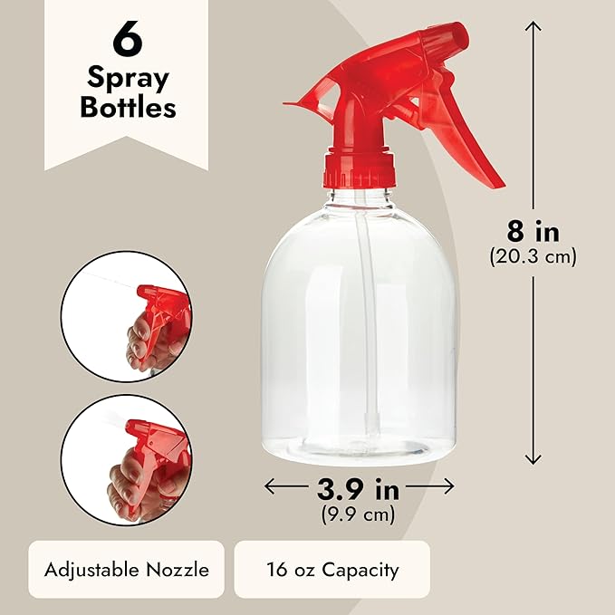 Juvale Spray Bottles for Cleaning & Hair Care - 16 oz, Clear & Red, 6-Pack - Plastic Spray Bottles Adjustable Nozzle Mist & Stream - Refillable Plant Sprayer