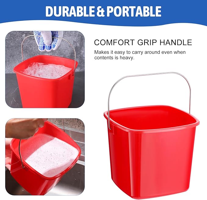 6 Pcs 3 Quart Cleaning Bucket Small Cleaning Square Bucket Detergent Pail, Plastic Utility Sanitizer Buckets for Home Commercial Restaurant Kitchen Office School (Red)