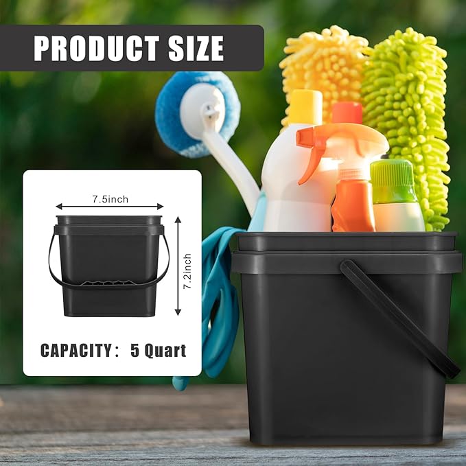 Mifoci 4 Pcs Plastic Bucket 5 Quart Square Cleaning Bucket Utility Small Pail with Handle for House Cleaning Storage Livestock Feeding Car Washing (White,Black)