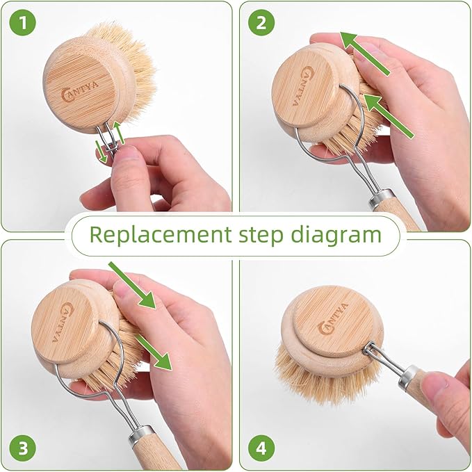 Eco-Friendly Kitchen Brush Set, Bamboo Dish Brush with Handle 3 Replacement Heads, Vegetable Scrubber Natural Sisal Fiber for Effective Cleaning Non-Stick Pans, Pots, Utensils