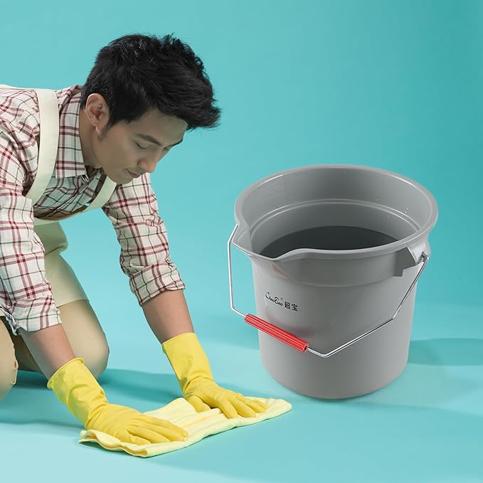4 Pack Round Utility Bucket with Spout and Handle, 14 Quart Commercial Plastic Cleaning Pail, Grey