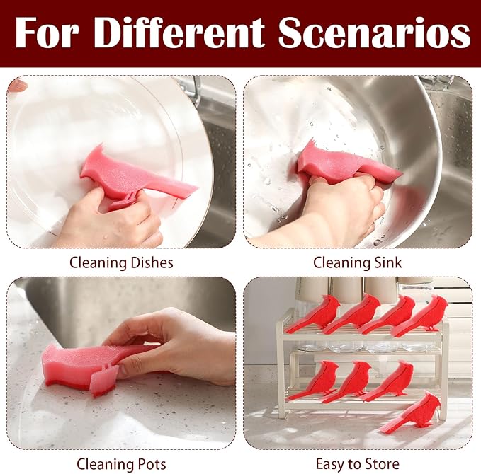 Tioncy 12 Pack Christmas Red Bird Kitchen Sponges Red Cardinal Bulk Dual Sided Scrubber Sponges Dishwashing Kitchen Cleaning Accessories for Christmas Xmas Household Supplies
