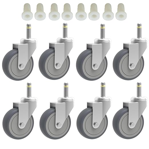 3-Inch Swivel Stem Caster, 7/16-Inch Stem Diameter Rubber Wheel, Heavy Duty TPR Replacement Wheels for Rubbermaid Mop Bucket Cart Grill Casters - 8 Pack