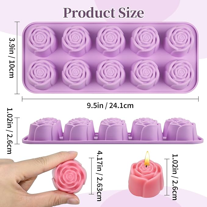 10 Cavity Rose Silicone Mold for Chocolate, Candles, Soap Making, Ice Cube, Heat & Cold Resistant (-40°F to 446°F), 2 Pack Baking Molds with Easy Release & Cleaning