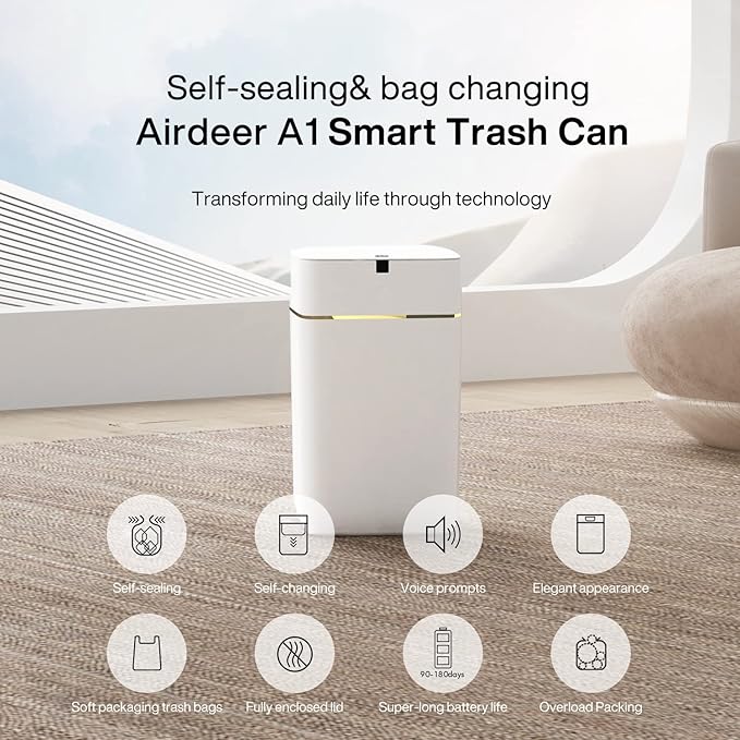 Airdeer Automatic Trash Can, 4 Gallon Self Sealing and Self-Changing Smart Trash Can, Motion Sensor, Touchless Garbage can with lid for Kitchen Bathroom Office, 6 Refill Rings(A1, Golden line)
