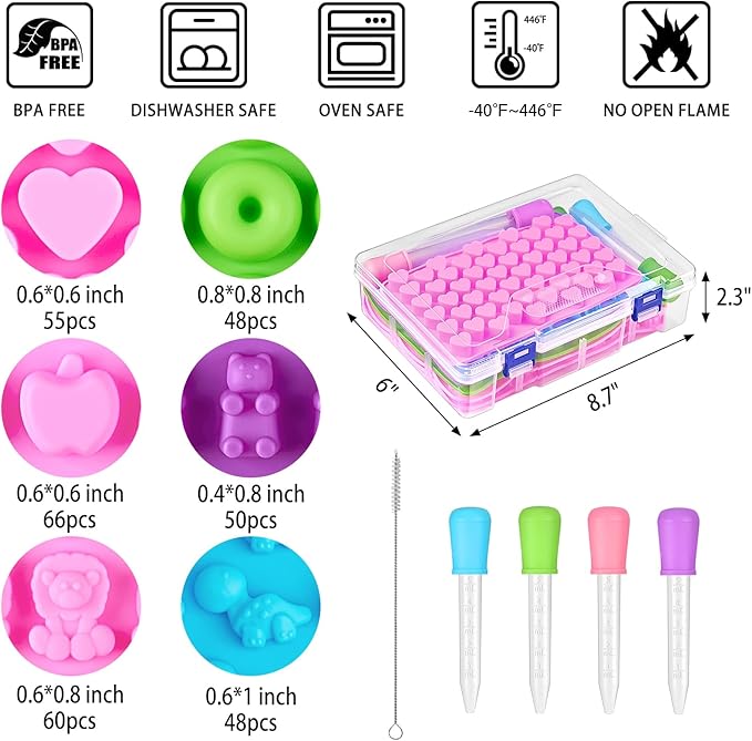 6 Pcs Mini Gummy Candy Molds Set, Silicone Bear Donut Dinosaur Fruit Snack Molds with 4 Droppers, Storage Box and Brush for Small Jello Candy Chocolate Gummy