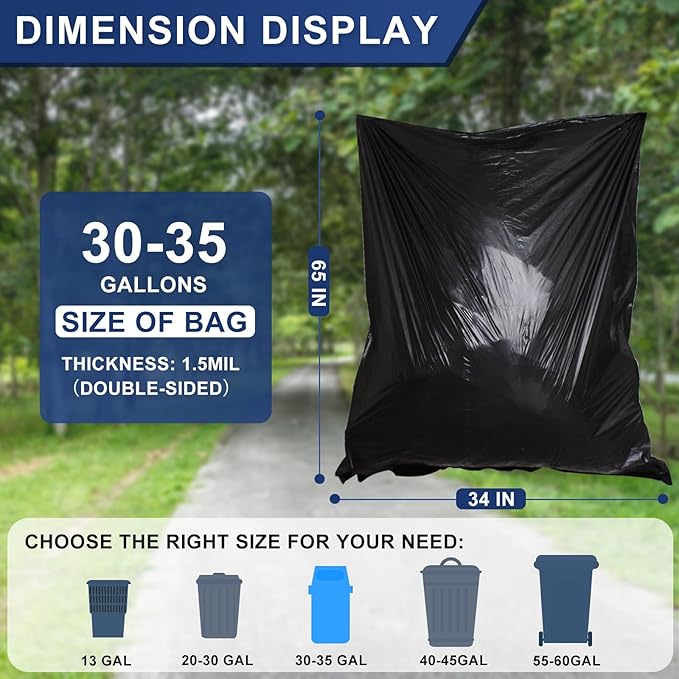 30-35 Gallon Trash Bags Heavy Duty 1.5 Mil - 35" x 37" 100 Count Large Black Garbage Bags 30+ Gallon Strong Plastic Trash Can Liners for Home Kitchen Commercial Lawn and Leaf