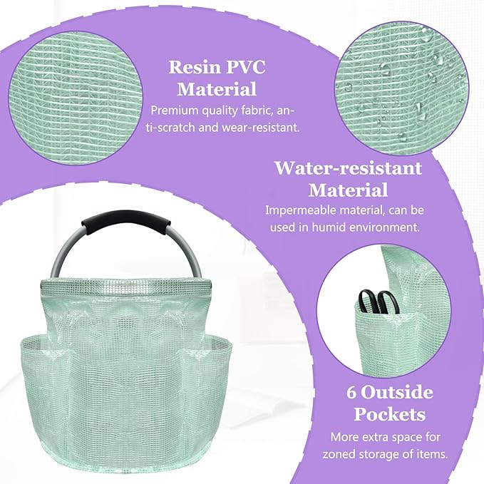 17L Cleaning Caddy for Cleaning Supplies, Foldable Tool Bucket Organizer with 6 Side Pockets, Portable Garden Tool Bag in PVC Resin, Folding Storage Basket for Camping, Gardening, Green