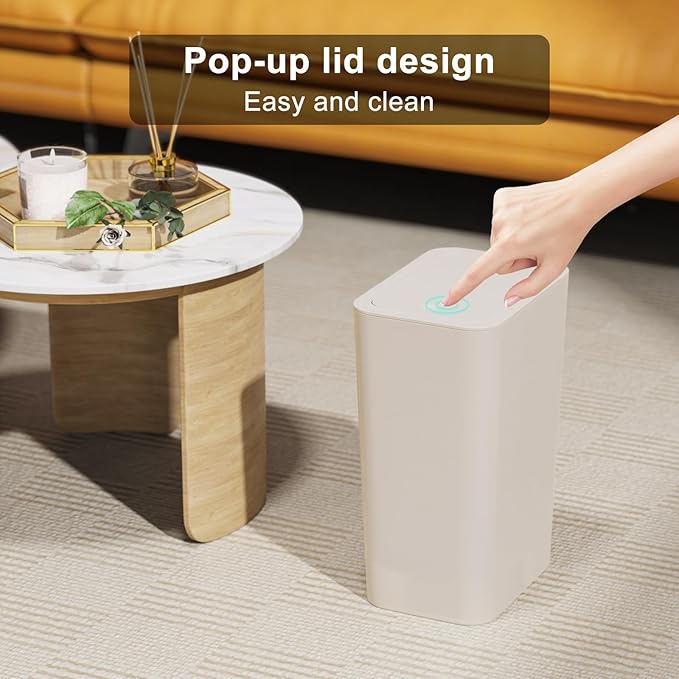 N. NETDOT 3 Pack 10L / 2.6 Gallon Small Trash Can with Lid, Bathroom Garbage Can with Pop-Up Lid, Waste Basket for Bathroom, Kitchen, Bedroom, Powder Room, Craft Room, Office, College (Off White)