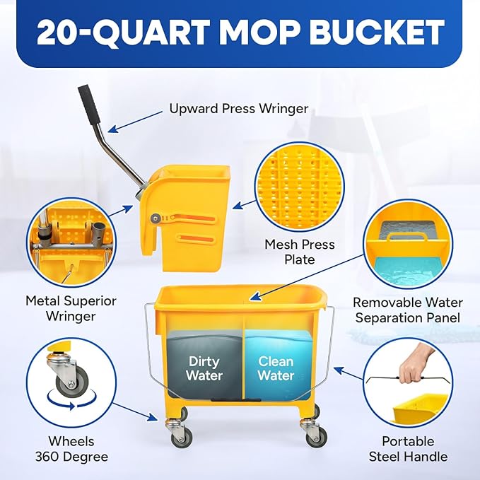 Commercial Mop Bucket with Wringer on Wheels Small 5 Gallon, Heavy Duty Dual Chamber Industrial Mop Bucket Separate Dirty Water, Perfect for Business Household, 20 Quart Yellow