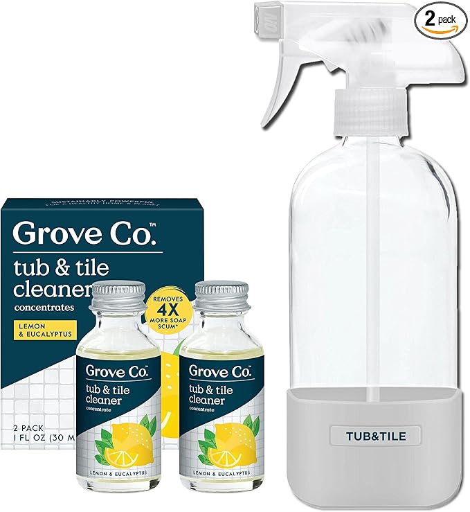 Grove Co. Tub and Tile Cleaner Refill Concentrate (2 x 1 Fl Oz) + 1 x Reusable Glass Spray Bottle (16 Oz) Plant-Based Cleaning Supplies Bundle, No Plastic Waste, Lemon & Eucalyptus Scent