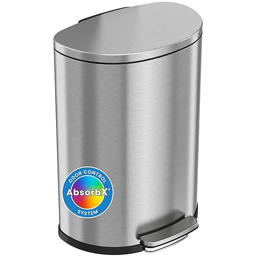 iTouchless SoftStep 13.2 Gallon Step Trash Can with Odor Filter, Stainless Steel 50 Liter Space-Saving Pedal Garbage Recycle Bin for Kitchen, Home, Office, Silent and Gentle Open, Semi-Round