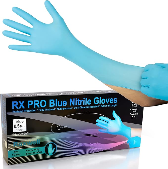 Raxwell Blue Nitrile Disposable Gloves, Latex Free Food Grade, 8.5mil, Extended Cuff, Waterproof, Ambidextrous, Textured Grip