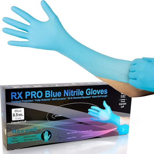 Raxwell Blue Nitrile Disposable Gloves, Latex Free Food Grade, 8.5mil, Extended Cuff, Waterproof, Ambidextrous, Textured Grip