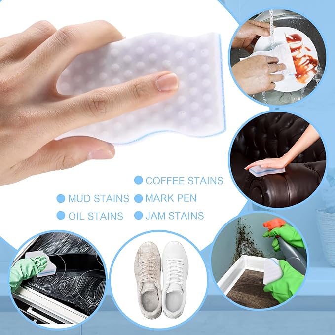 60 Pack Magic Extra Durable Sponge Eraser 3 Layer Density Cleaning Pads in Bulk Thick More Lasting Sponge Eraser for Bathroom Kitchen Floor Bathtub Toilet Cleaner(Blue and White)