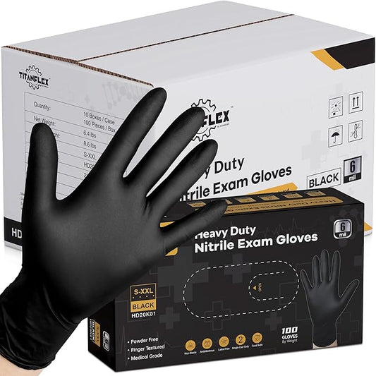 TitanFlex Disposable Nitrile Exam Gloves, 6-mil, Black, Heavy Duty, Latex Free, Food Safe for Cooking & Food Prep