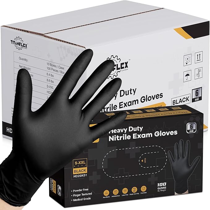 TitanFlex Disposable Nitrile Exam Gloves, 6-mil, Black, Heavy Duty, Latex Free, Food Safe for Cooking & Food Prep