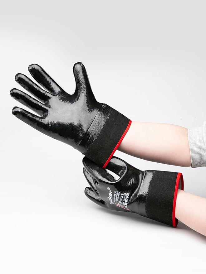 Oil Grasp 374 INKER Gloves, Large Cuff, Nitrile Coated Gloves, Oil-Immersion & Acid-Alkali Resistant, Durable & Abrasion-Resistant,Size 10, Black(Pack of 12)